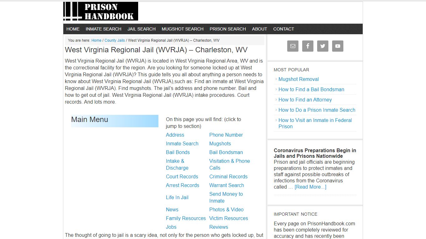West Virginia Regional Jail (WVRJA) – Charleston, WV - Prison Handbook